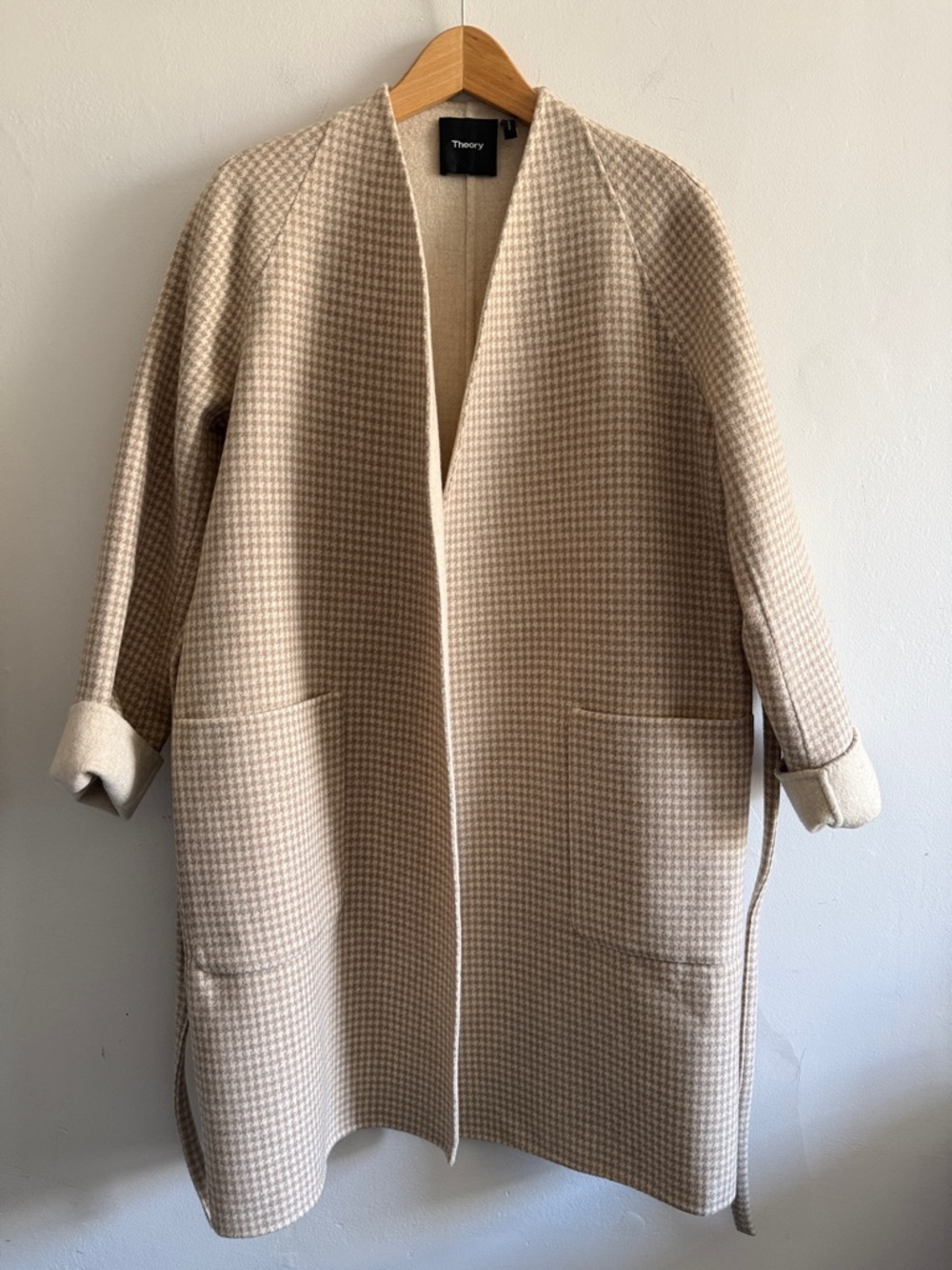 Theory wool & cashmere Beige Houndstooth Belted Robe Coat - Picture 7 of 9